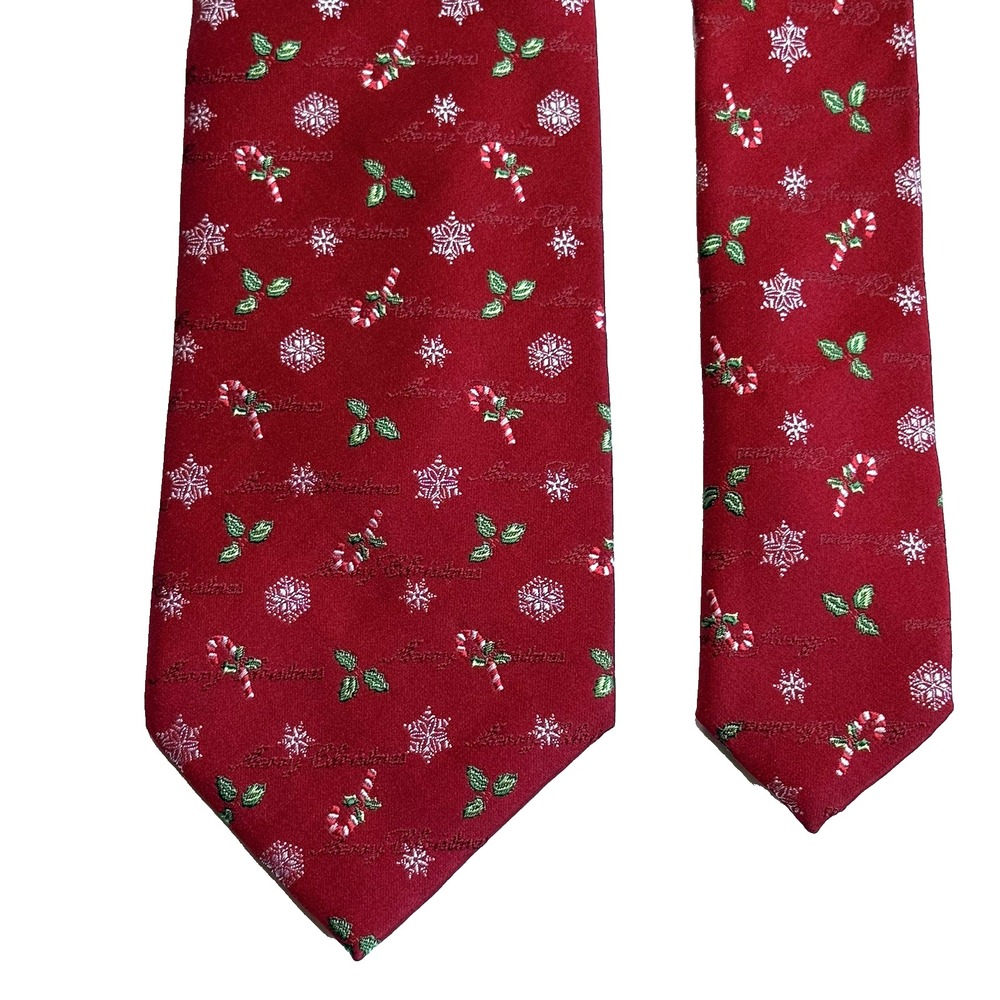 Red Silk Merry Christmas Necktie Tie 61" Long Woven Snowflake Holly Candy Cane